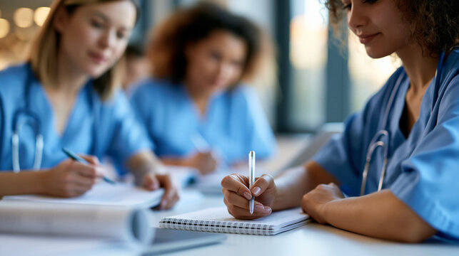 Faceless nursing and medical students reviewing notes together at a bright table by a window soft daylight and clean interior medical education study group teamwork learning