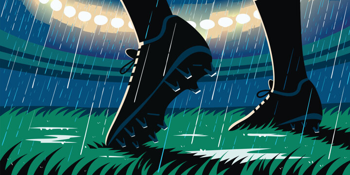 A stylized vector illustration of soccer cleats on a rainy field under bright stadium lights