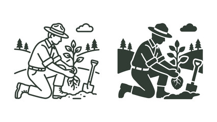 Gardener planting sapling: A gardener in a hat and boots kneels, carefully planting a young sapling in the soil, surrounded by rolling hills and trees. A shovel rests nearby, ready for use. © asad
