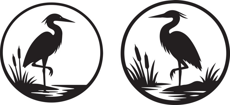 Black and white heron standing in reeds by water Vector
