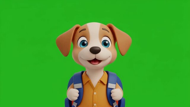 Animated puppy character with backpack appearing on green screen during animation sequence