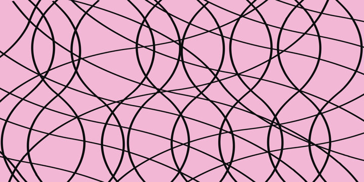 An abstract monochrome graphic texture featuring multiple thin, broken black lines on a pink background.