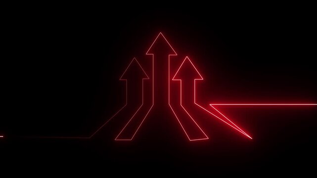 Abstract red color neon glowing line arrow icon animation. Neon blue icon and up arrow icon isolated on grid background. 4k animation motion video.