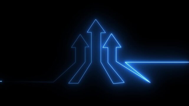 Abstract blue color neon glowing line arrow icon animation. Neon blue icon and up arrow icon isolated on grid background. 4k animation motion video.