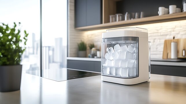 Modern ice maker on kitchen counter with ice cubes.
