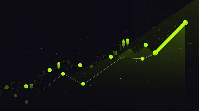 Glowing green financial stock market chart with candlesticks and upward trend line on dark background for trading and investment