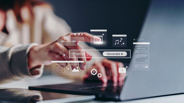 Business woman pointing to using ai prompt based multimedia content creation