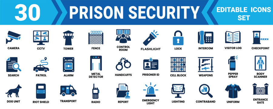 Set of 30 prison security and jail safety icons including surveillance cameras and police equipment symbols Minimal solid icon set bundle collection. Editable Vector Illustration Mega pack