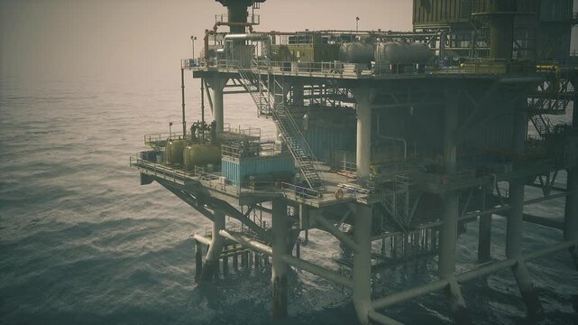 Offshore oil rig remote operations deck with dispersed equipment and service ladders, control cabins and supply areas, textured water surface, industrial