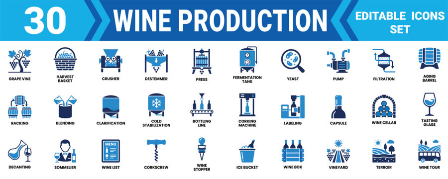 Set of 30 wine production icons showing the process from grape harvest to bottling and tasting in blue Minimal solid icon set bundle collection. Editable Vector Illustration Mega pack