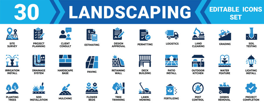 Set of 30 landscaping and garden design icons showing various construction and maintenance services Minimal solid icon set bundle collection. Editable Vector Illustration Mega pack