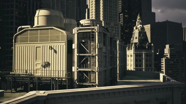 Panoramic rooftop mechanicals with towering city forms beyond, repeated housings and piping form rhythmic pattern, cooltoned palette and sharp edges emphasize