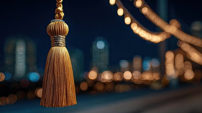 Golden tassel hangs in front of blurred city lights at dusk