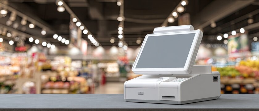 A modern point-of-sale terminal sits on a counter in a store