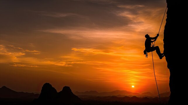 Silhouette rock climber on mountain cliff at sunset glow sky with rope, outdoor extreme sport inspirational natural scenery asset