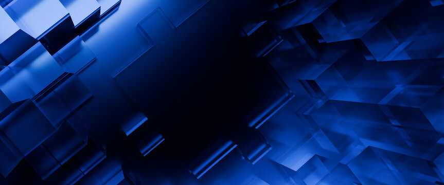 3d render wide screen abstract cube glass with color light on dark background