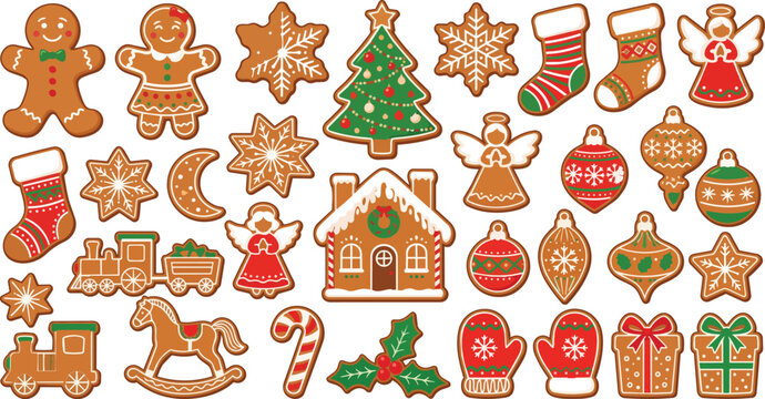 Colorful collection of flat vector christmas gingerbread cookies and holiday decorations on transparent background