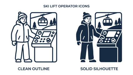 Ski Lift Operator Icon Set: A collection of graphic icons illustrating a ski lift operator at a control panel, presented in both clean outline and solid silhouette styles. © Mohammad