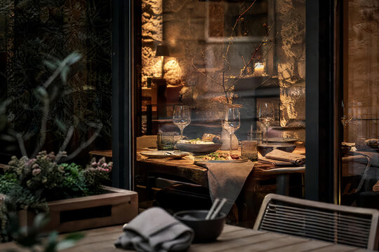 Stone Walled Tavern Photographed In Bright Commercial With Layered Restaurant Depth
