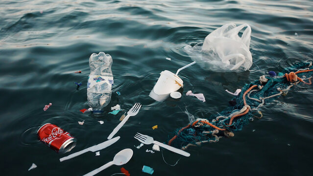Plastic waste pollution floating in ocean water surface with pollution, polymers