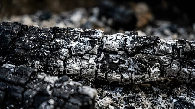 Macro view of charred wood texture with deep cracks and glowing orange embers.