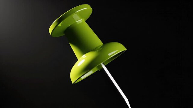 Bright green push pin isolated against black background, 3d render of office supplies and stationery, graphic design