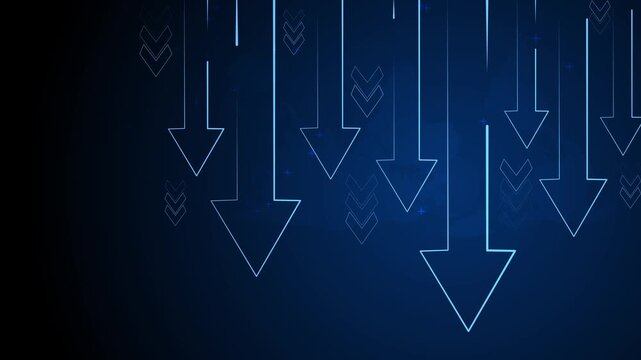 Abstract background with many arrows pointing down showing decline decrease and negative trend animation