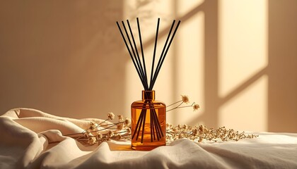 Fototapeta premium Aroma reed diffuser in amber glass bottle with sticks on folded cloth fabric dry flowers inside cozy room with warm golden sunlight window shadow background home fragrance digital art banner