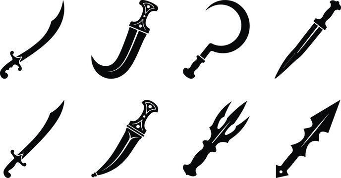 Ancient Blade and Dagger Silhouette Collection Featuring Swords Knives and Traditional Weapon Icons