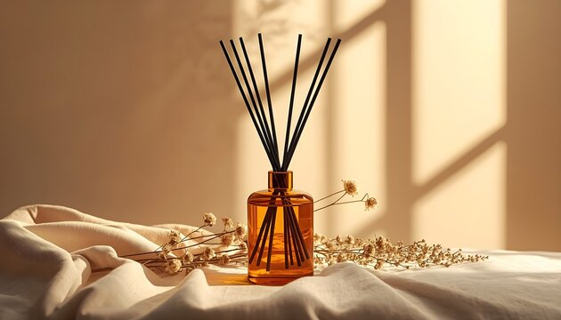 Aroma reed diffuser in amber glass bottle with sticks on folded cloth fabric dry flowers inside cozy room with warm golden sunlight window shadow background home fragrance digital art banner