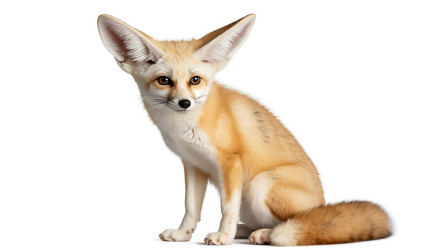 Fennec fox sitting, isolated on white background