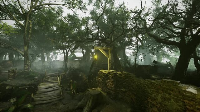 Twisted trees reach toward a foggy sky as a wooden lantern flickers softly. A narrow path winds through the mystical landscape, inviting wanderers into an enchanted realm at dusk.