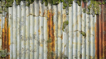 Obraz premium Rusted corrugated metal sheet with moss and lichen.
