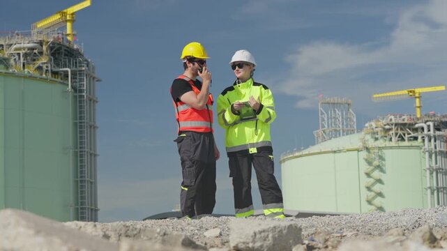 Group of construction workers working together on a project at an industrial site with heavy machinery in the background