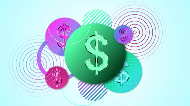 Abstract finance concept with dollar signs on overlapping circles and geometric rings animation