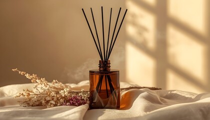 Fototapeta premium Aroma reed diffuser in amber glass bottle with sticks on folded cloth fabric dry flowers inside cozy room with warm golden sunlight window shadow background home fragrance digital art banner