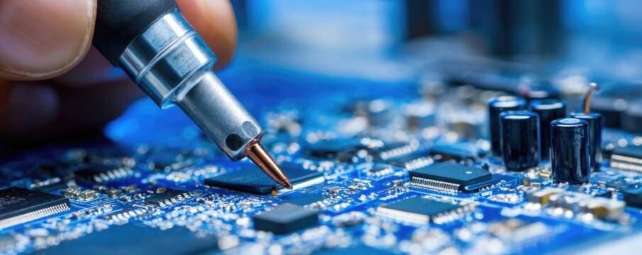 Close-up of a hand holding a soldering iron over a blue circuit board with chips