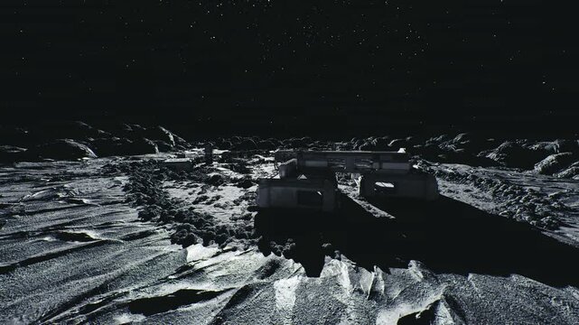 row of lunar cargo modules glinting on regolith plain, convoy formation of transport units beside crater rim with robotic loading bays and illuminated control