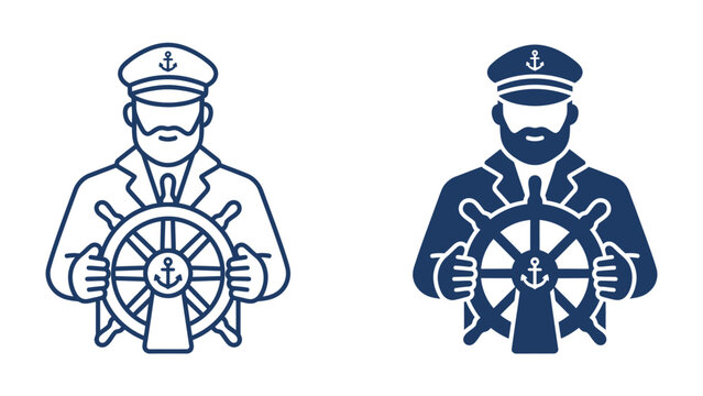 Ship Captain Icon Set: A professional ship captain, depicted with a beard and cap, firmly grasps the helm of a ship, symbolizing guidance and control. Available in outline and solid fill styles.