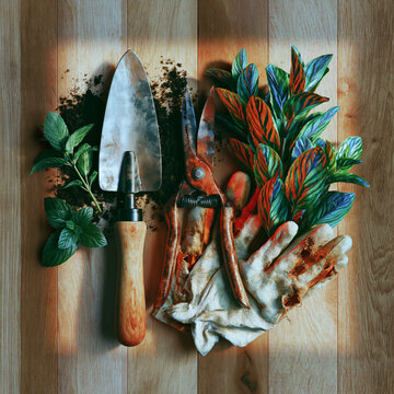 Gardening Tools Flat Lay with Mint Leaves on Rustic Wood