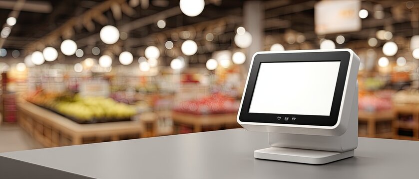 A modern self-checkout kiosk sits on a counter in a well-lit grocery store