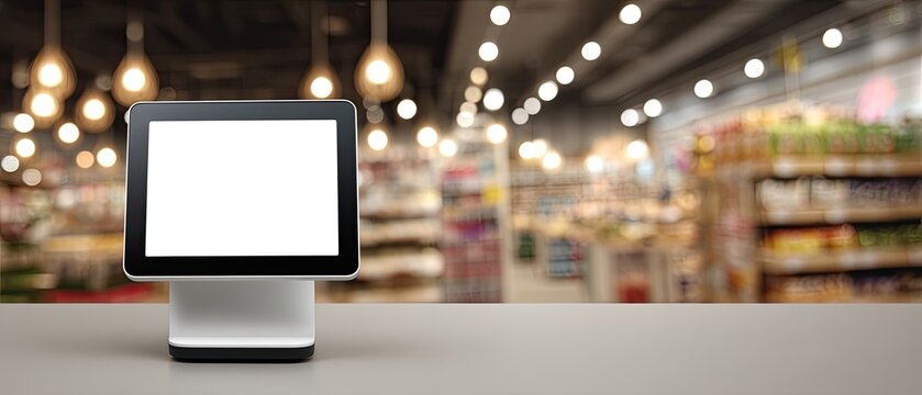 Modern digital point-of-sale terminal with blank screen in a brightly lit store
