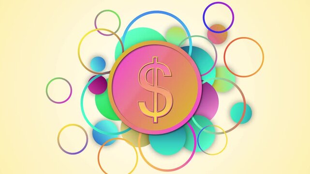 Abstract background with a dollar sign coin in the center, surrounded by bright circles and rings animation