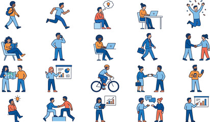 Fototapeta premium Set of flat vector illustrations of business people working, communicating, and performing daily activities