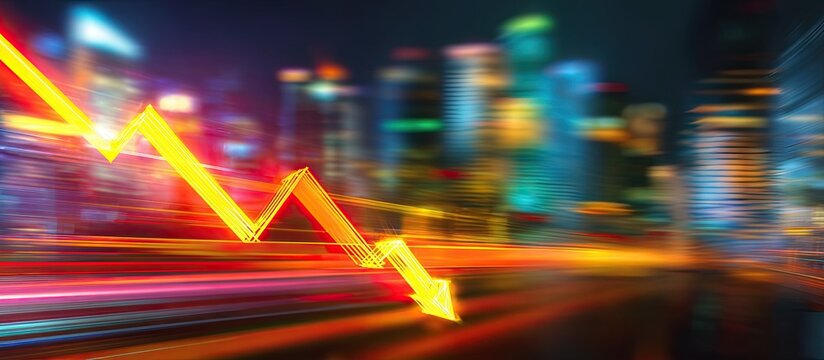 A glowing red-orange arrow graphs a sharp descent against a blurred cityscape at night