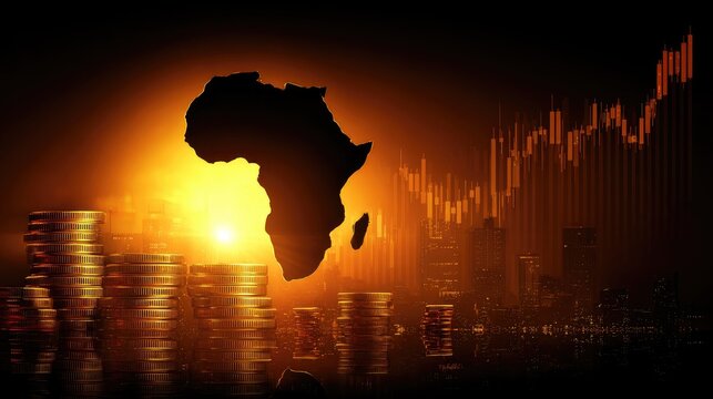 Silhouette of Africa continent with rising gold coins and city skyline