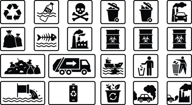 Set of environmental pollution and waste management icons, vector illustration