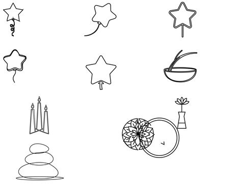 Party Decorations and Festivities 4 lively vector icon set with elegant centerpieces, candles, greenery, floral vases, tiered decor, and star balloons for weddings, birthdays, banquets, invitations