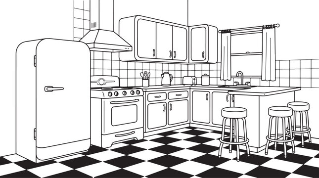 Spacious l-shaped kitchen with cabinets and breakfast stools