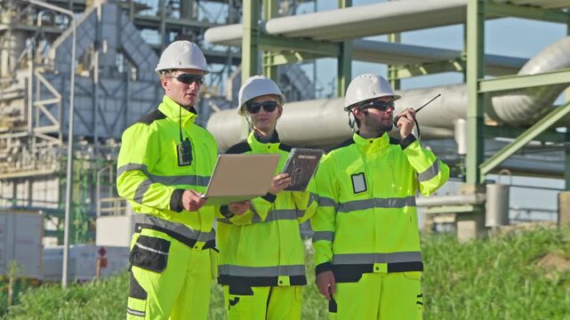 Team of construction workers in high visibility gear collaborating on a project at an industrial site